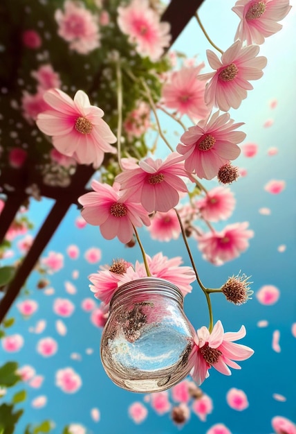 Vaso cheio de flores cor de rosa sob um céu azul generativo ai