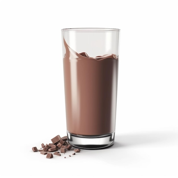 Un vaso de chocolate está al lado de una pila de trozos de chocolate.