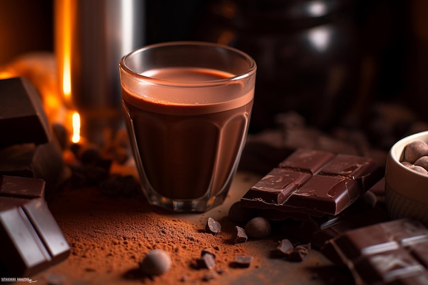 Un vaso de chocolate junto a una taza de chocolate