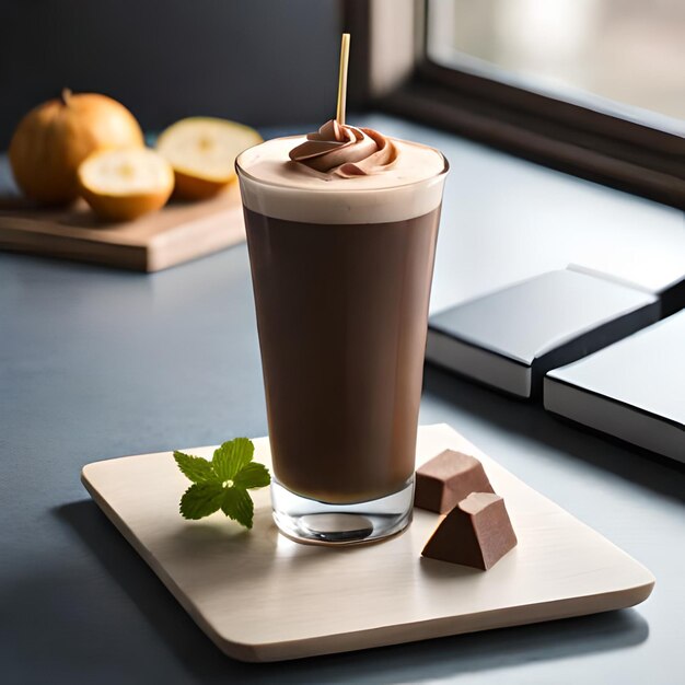 Un vaso de chocolate se sienta en una bandeja al lado de una pieza de fruta.