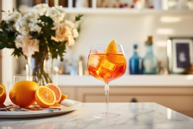 un vaso de cóctel alcohólico con naranja en una mesa blanca en la cocina ligera