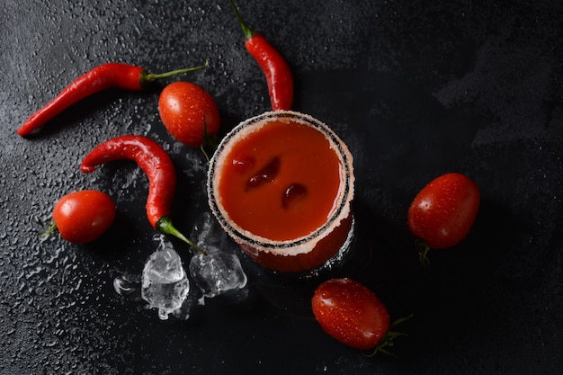 Un vaso con un cóctel "Bloody Merry" con hielo sobre un fondo negro, la parte superior del vaso está decorada con sal