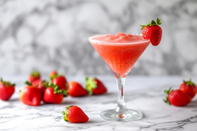 Un vaso de cóctel de daiquiri de fresa y fresas en la mesa