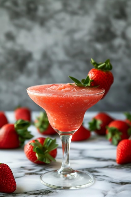 Un vaso de cóctel de daiquiri de fresa y fresas en la mesa