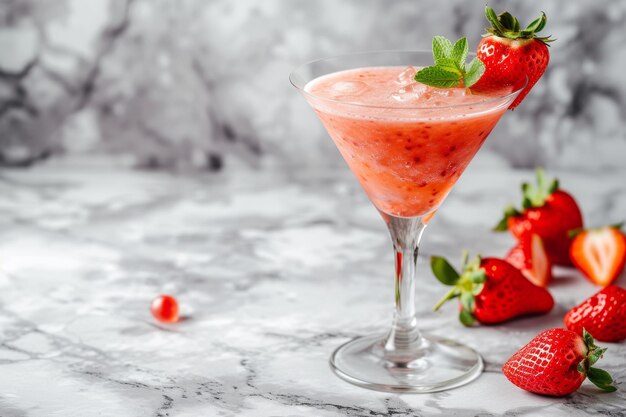 Un vaso de cóctel de daiquiri de fresa y fresas en la mesa