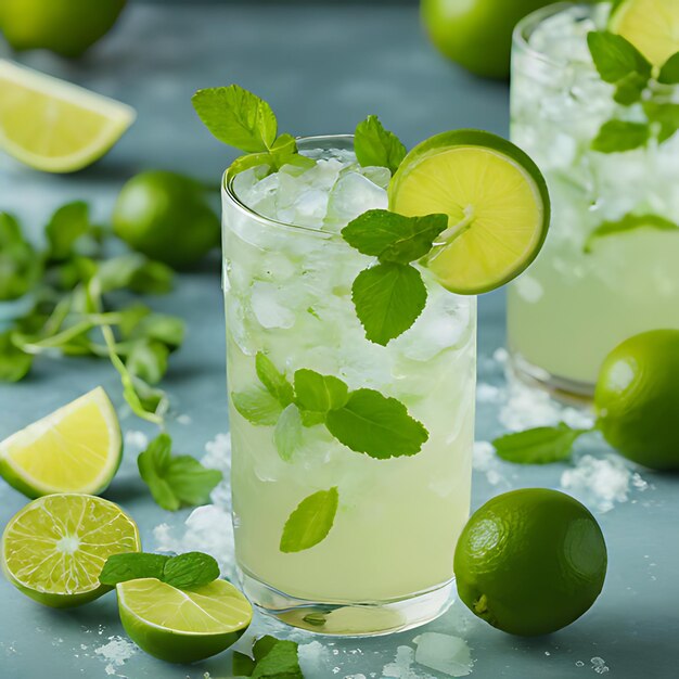 Foto un vaso de cóctel con limas y limas en una mesa