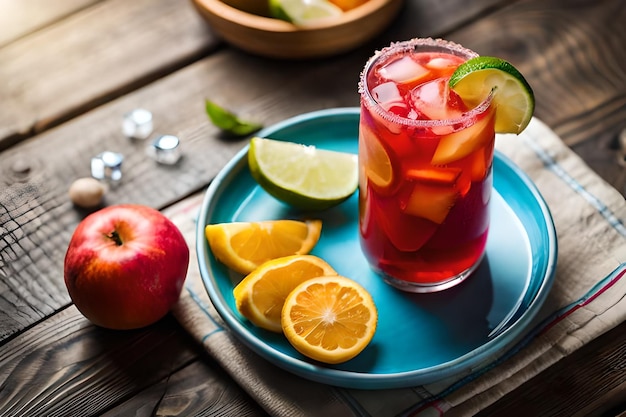 Un vaso de cóctel de sidra de manzana con limas y un tazón de fruta en una mesa de madera.