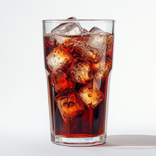 Foto un vaso de cola con cubitos de hielo