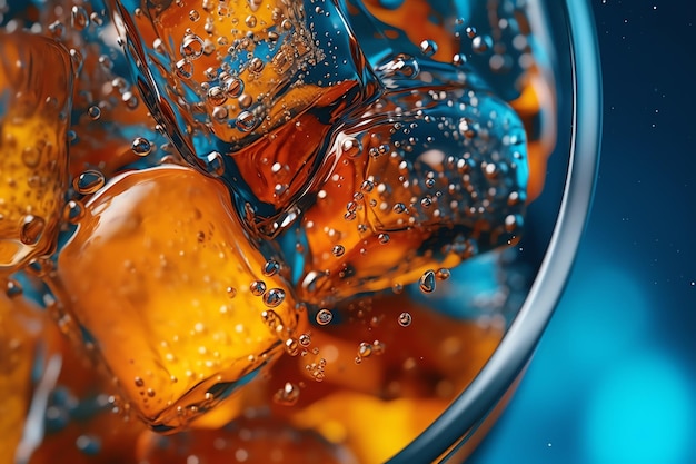 Un vaso de cola con hielo y burbujas.