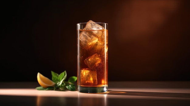 Un vaso de cola con hielo y limones en una mesa