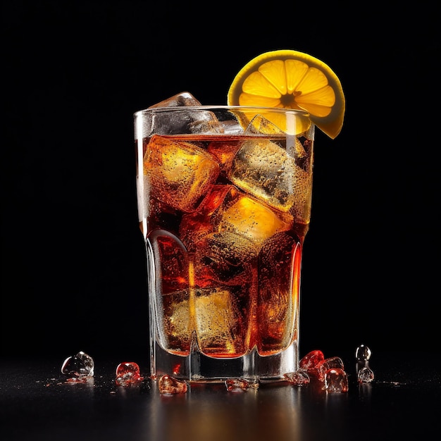 un vaso de cola con hielo y rebanadas de limón sobre un fondo negro.