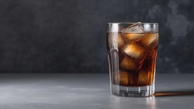 Un vaso de cola con hielo sobre una mesa