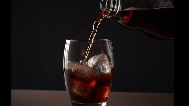 Un vaso de cola se llena con hielo y una botella de cola.