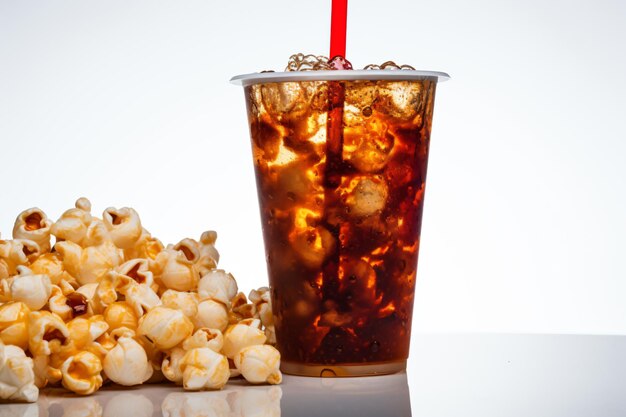 Foto un vaso de cola y palomitas de maíz en una mesa