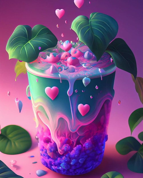 Un vaso colorido con líquido y corazones