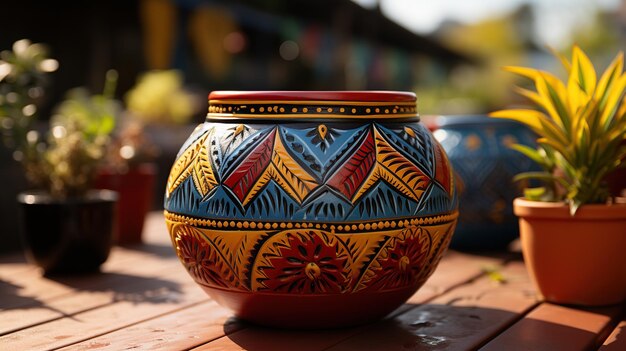 Vaso colorido na mesa de madeira