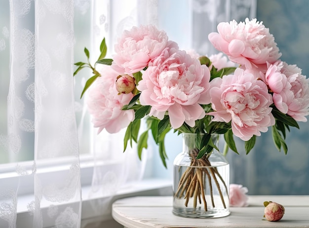 Vaso com belas flores de peônia na mesa criado com tecnologia de IA generativa
