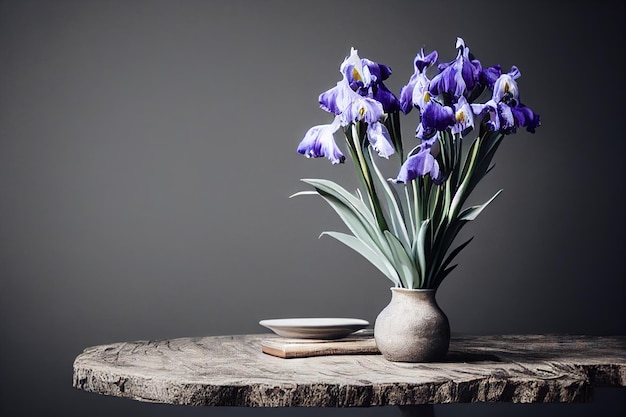 Vaso com flor de íris roxa na mesa de madeira em fundo cinza