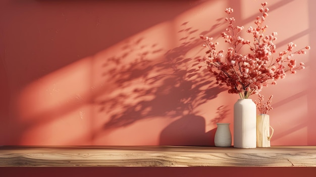 Vaso com flores em uma prateleira de madeira na frente da parede vermelha