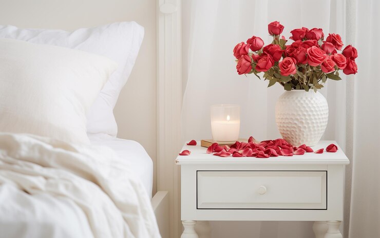 Foto vaso com rosas e vela na mesa no quarto decorado para o dia dos namorados