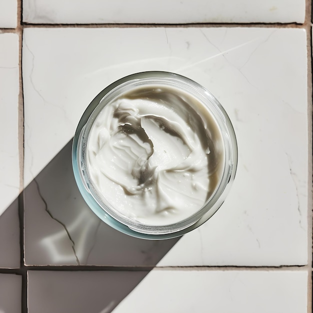 Un vaso de crema en un piso de azulejos blancos con una sombra en él y un piso de baldosas blancas detrás de él