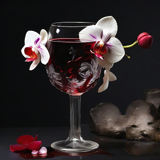 Un vaso de cristal lleno de vino rojo y una orquídea blanca con sangre AI