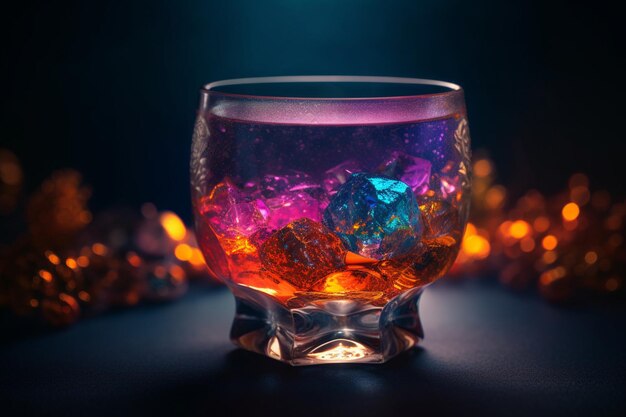 Un vaso de cubitos de hielo con un fondo oscuro