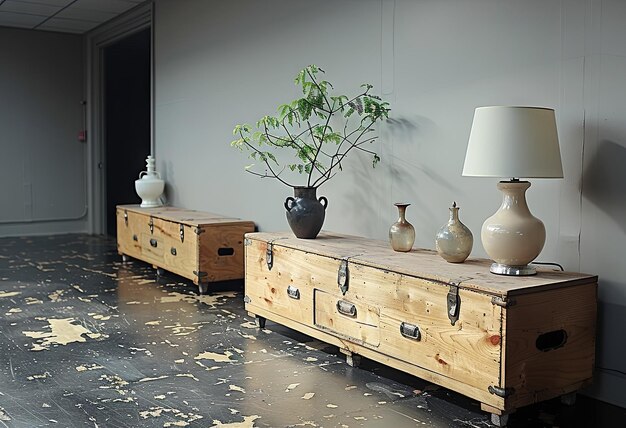 Foto vaso de caixa de madeira e planta em sala branca com cores neutras no estilo de tapete linear e arejado ia generativa