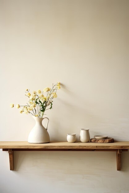 Vaso de cerâmica branca com flores em mesa de madeira rústica espaço de luz solar natural para cópia