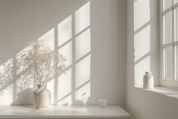 Vaso de cerâmica branca com flores em mesa de madeira rústica perto da janela espaço de luz solar para cópia