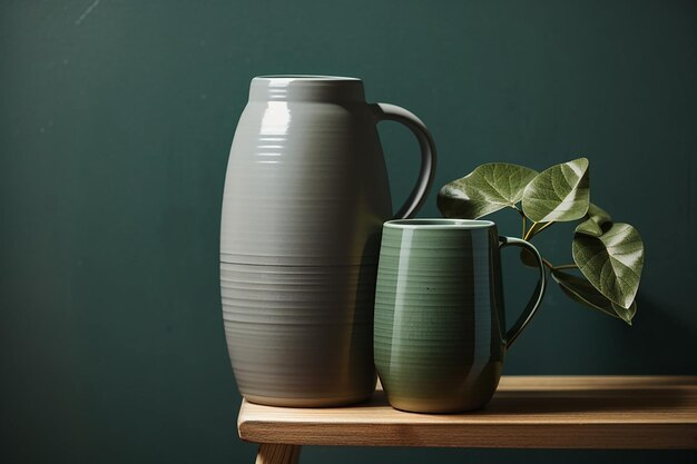 Vaso de cerâmica cinza com uma caneca em um banco de madeira por uma parede verde da floresta