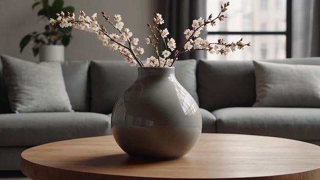 vaso de cerâmica com galhos de flores em mesa de café redonda de madeira