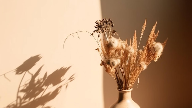 Vaso de cerâmica com grama de pampas com sombra quente isolada em fundo bege Generative AI