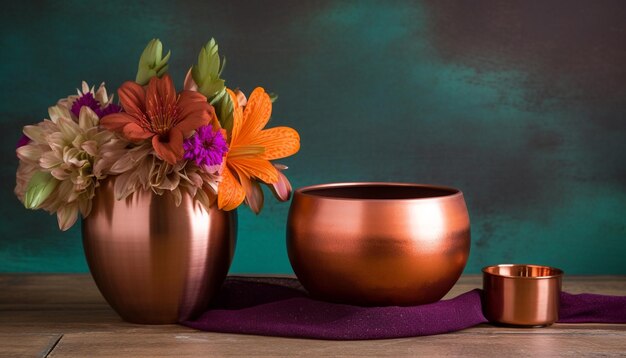 Vaso de cerâmica rústica contém buquê colorido presente perfeito para romance gerado por IA