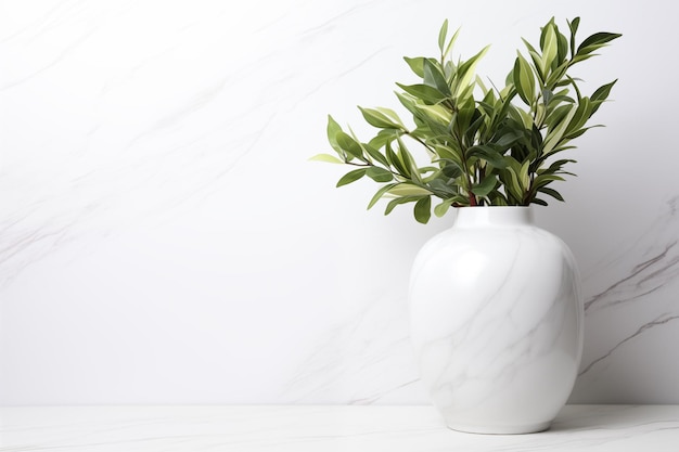 Vaso de close-up e plantas em mesa de mármore branco e fundos de parede de mármore branca com espaço para cópia