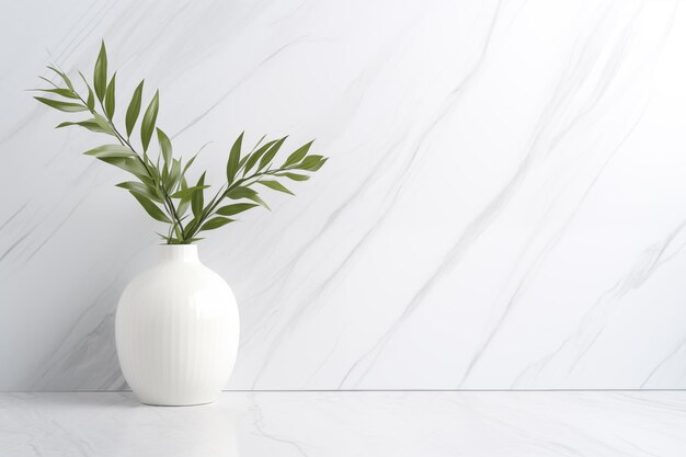 Vaso de close-up e plantas em mesa de mármore branco e fundos de parede de mármore branca com espaço para cópia