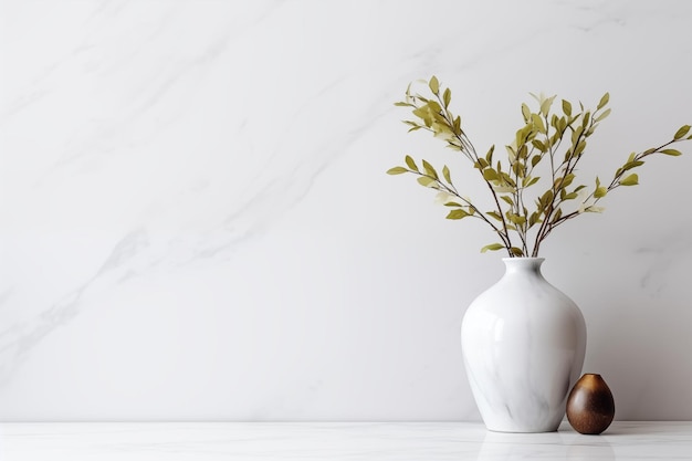 Vaso de close-up e plantas em mesa de mármore branco e fundos de parede de mármore branca com espaço para cópia