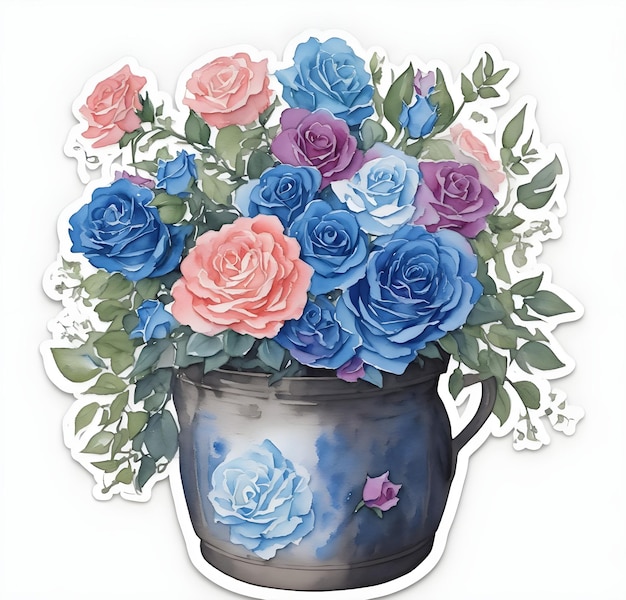 Vaso de flores azul em branco