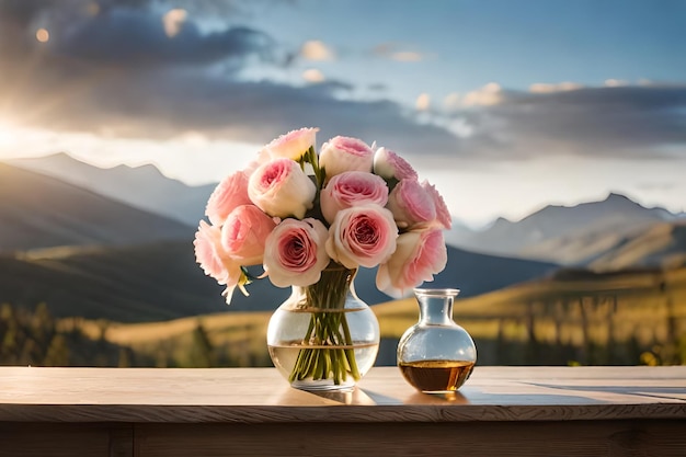 vaso de flores com montanhas ao fundo