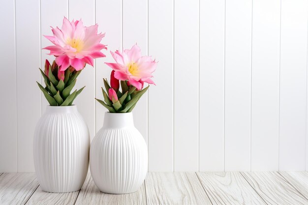 Foto vaso de flores de cacto na mesa e fundo de madeira branca