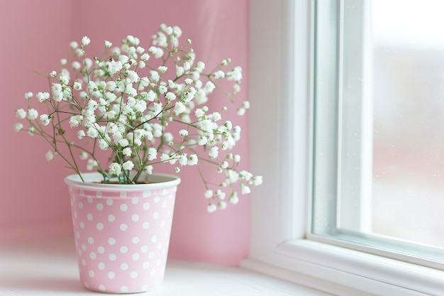 Vaso de flores de ponto rosa e branco com flores de respiração de bebê