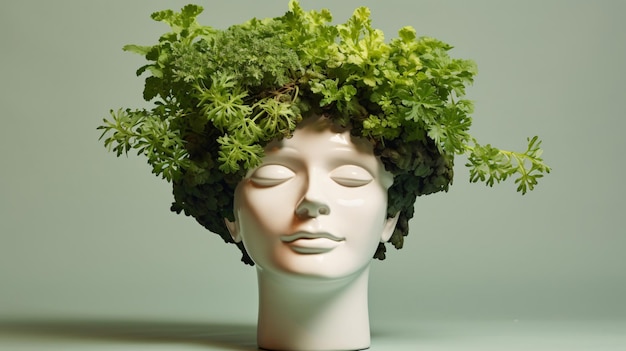 Vaso de flores em forma de cabeça feminina com touca
