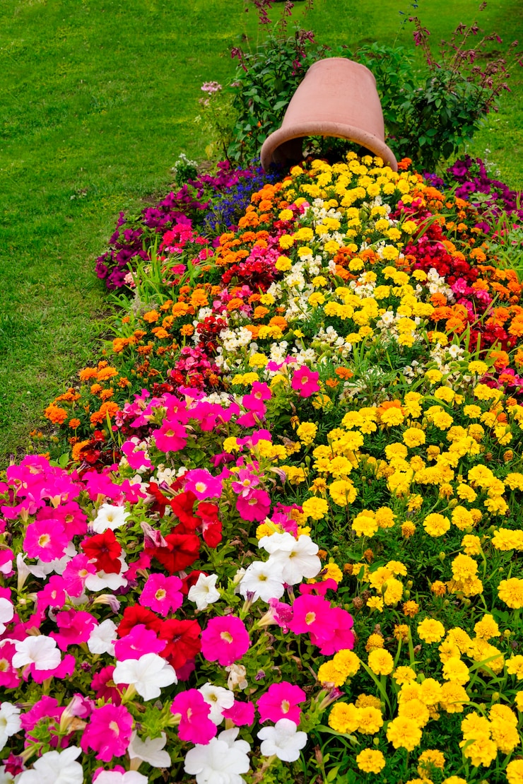 Foto vaso de flores em jardim público com decoração floral