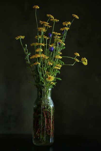 vaso de flores natureza morta, verão sazonal dentro de estilo vintage, flores amarelas silvestres