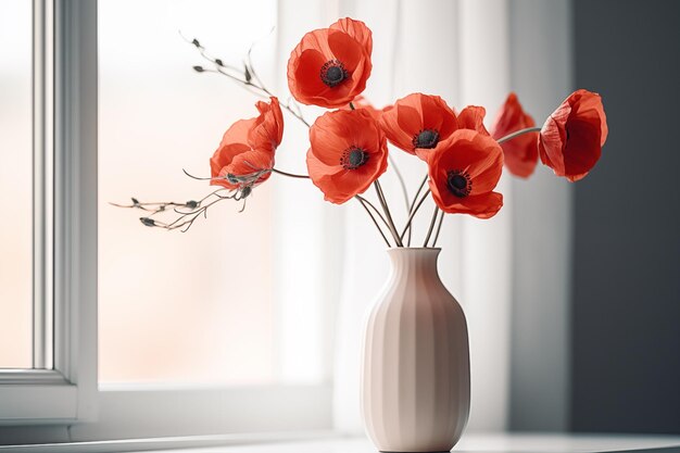 Vaso de fundo floral de moda com flores de papoula da janela um lugar para texto