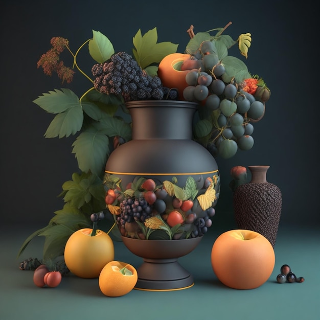 Vaso de natureza morta renderizado em 3D com folhas e ilustração de potes de alimentos e plantas brasileiras