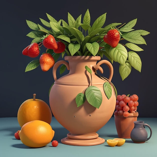 Vaso de natureza morta renderizado em 3D com folhas e ilustração de potes de alimentos e plantas brasileiras