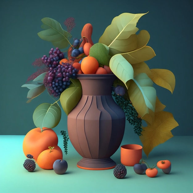 Vaso de natureza morta renderizado em 3D com folhas e ilustração de potes de alimentos e plantas brasileiras