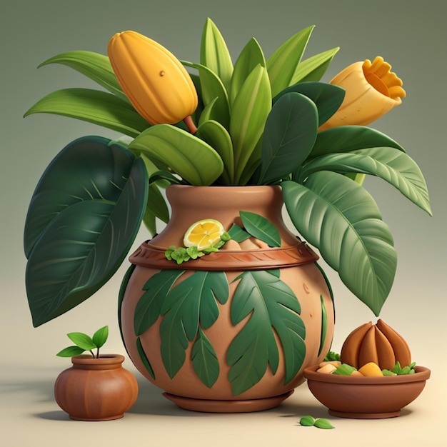 Vaso de natureza morta renderizado em 3D com folhas e ilustração de potes de alimentos e plantas brasileiras