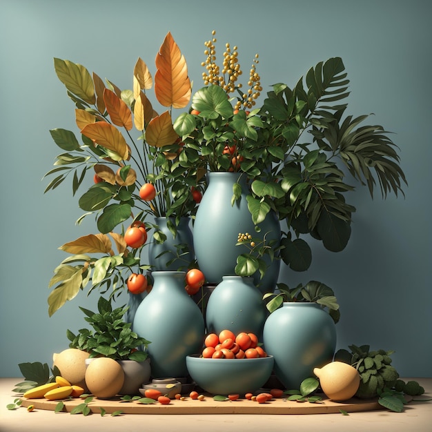 Vaso de natureza morta renderizado em 3d com ilustração de vaso de folhas e frutas e plantas